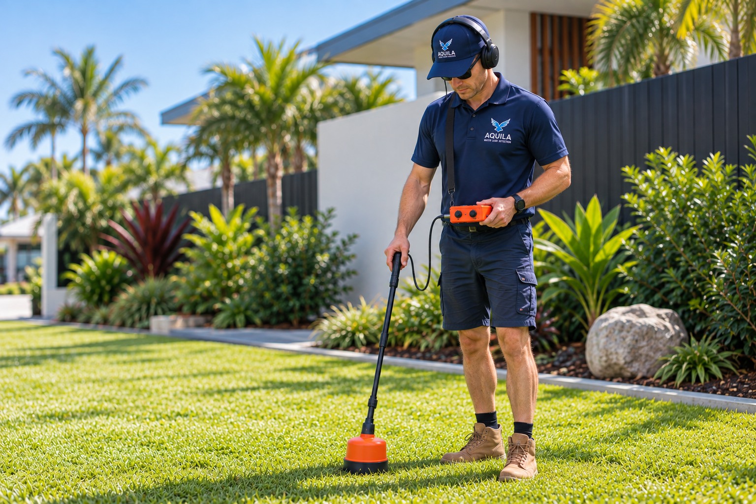 Aquila leak detection technician using specialist equipment on a lawn